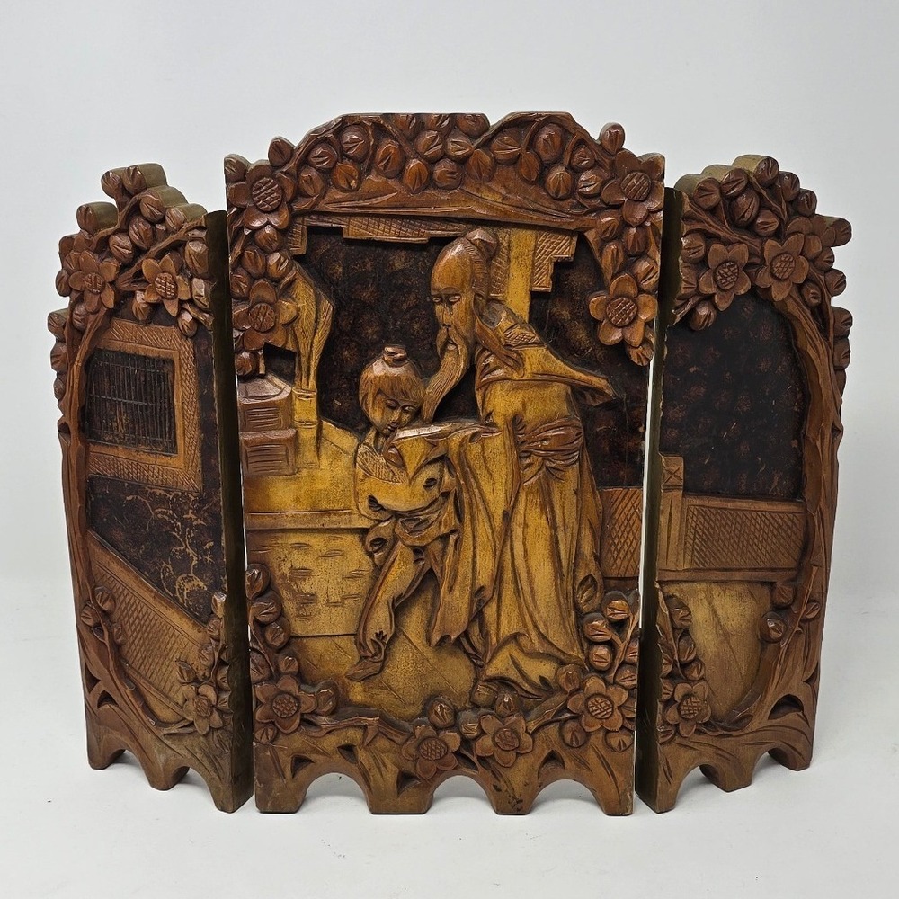 Vtg hand carved wood triptych desk screen home decor brown Asian folk art relief